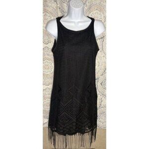 Vintage Hana Black Fringe Bohemian Mini Dress Size Medium Sleeveless J17290K